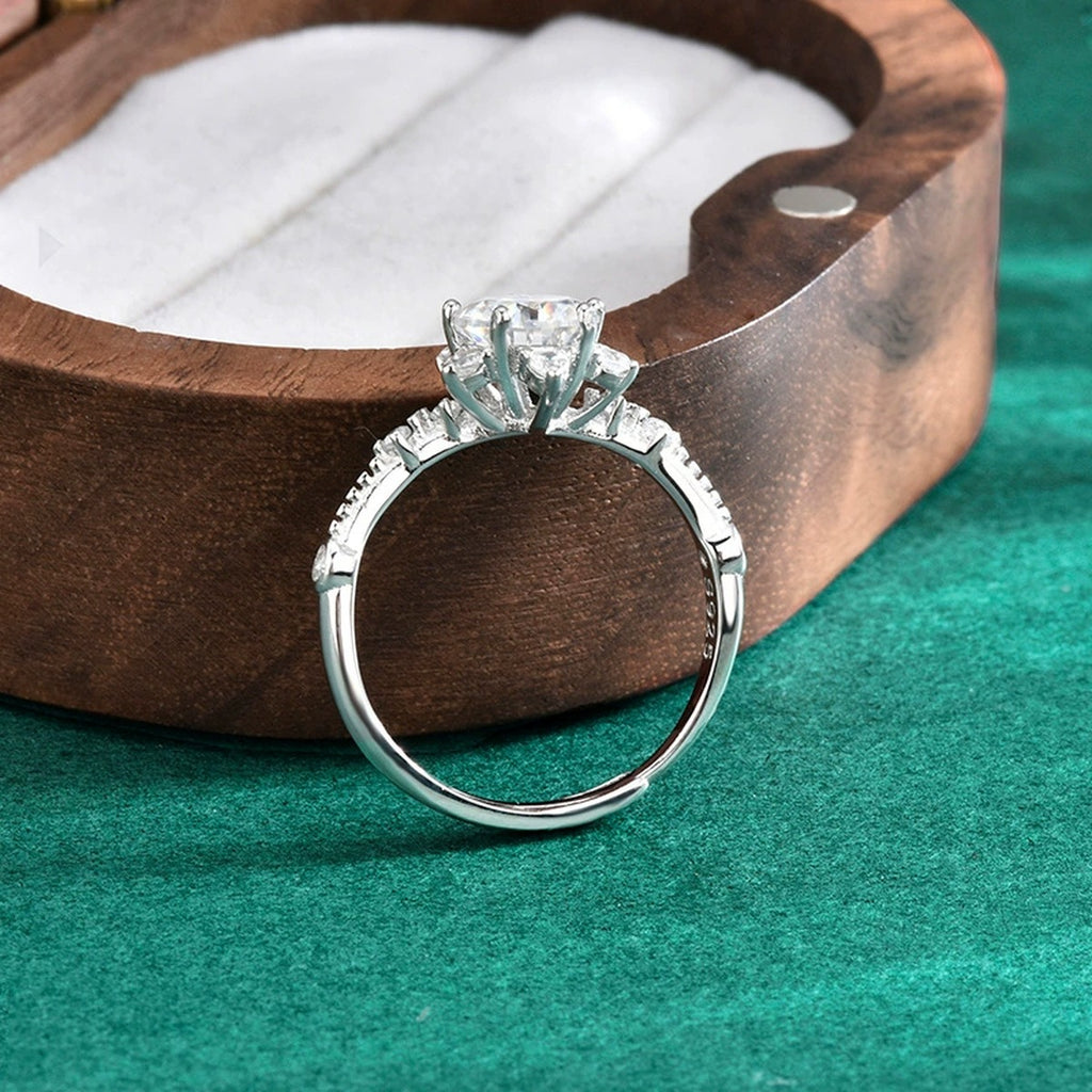 Compass Halo Round Moissanite Adjustable Engagement Ring with CZ detailed product photo showing ring shape and stone setting
