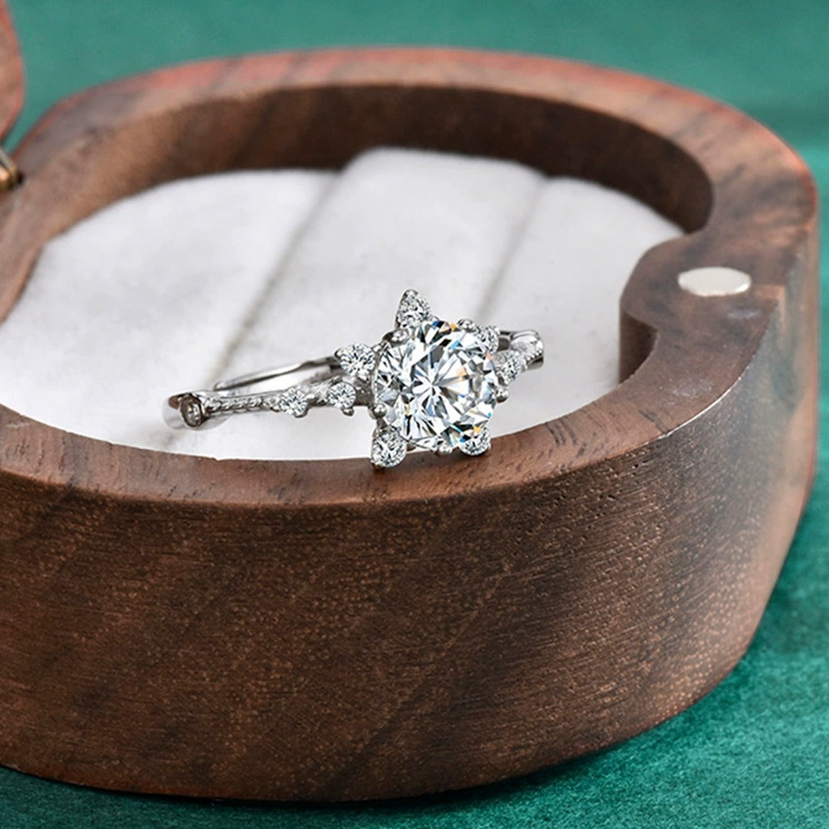 Compass Halo Round Moissanite Adjustable Engagement Ring with CZ detailed product photo showing ring shape and stone setting