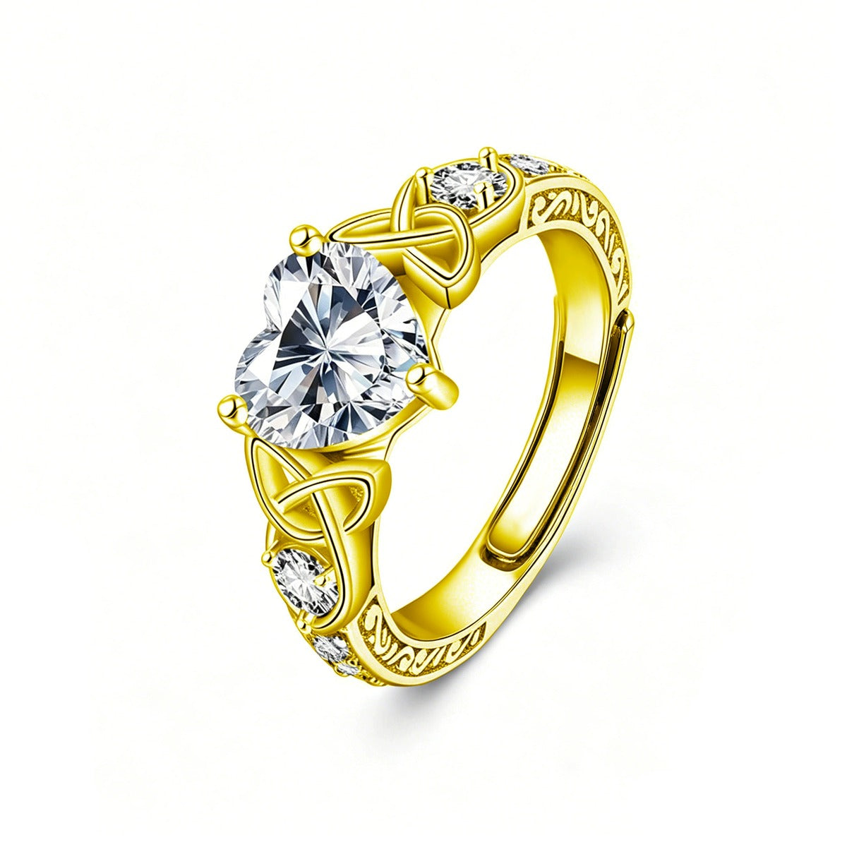 Vintage Heart Cut Moissanite Adjustable Engagement Ring with CZ in gold-plated S925 sterling silver on clean white background