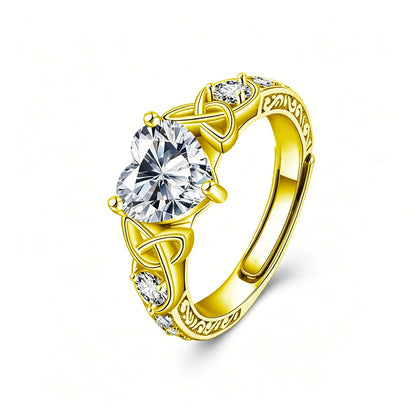 Vintage Heart Cut Moissanite Adjustable Engagement Ring with CZ in gold-plated S925 sterling silver on clean white background