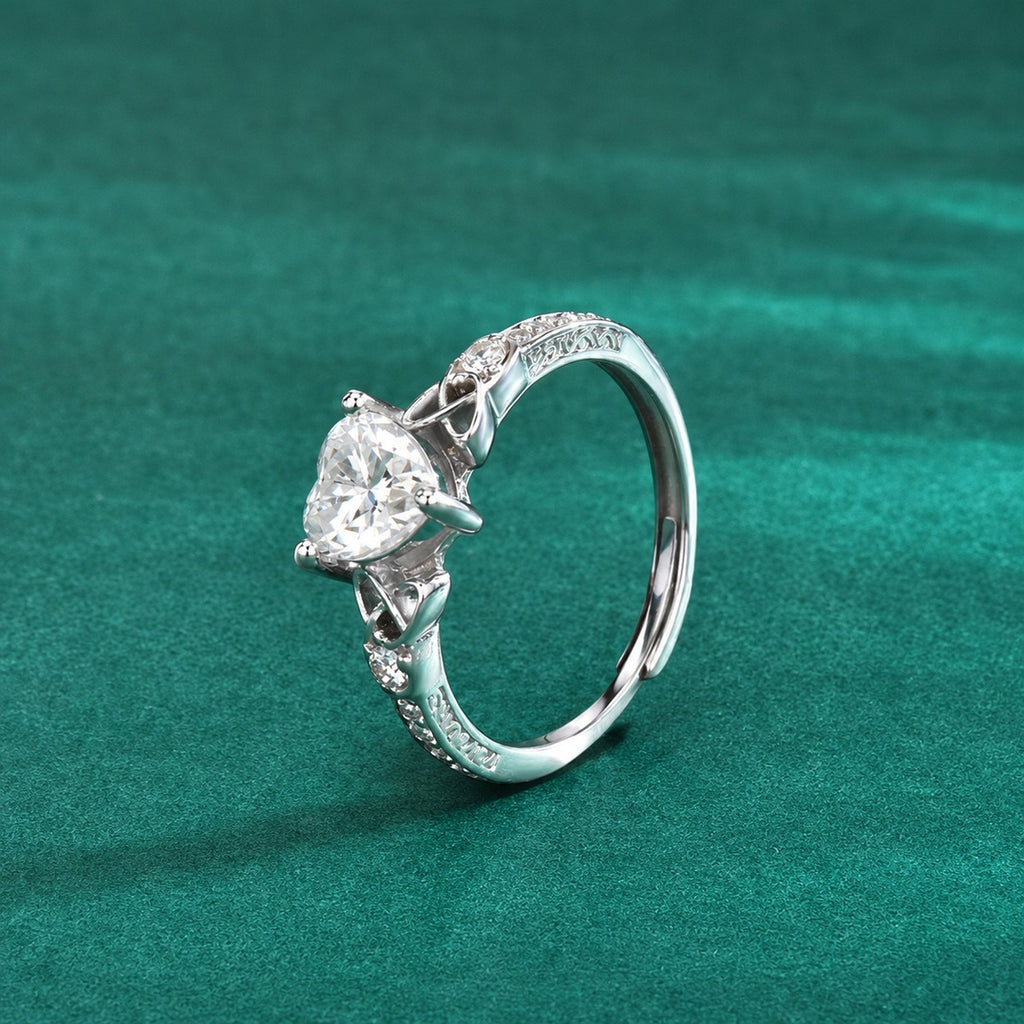 Vintage Heart Cut Moissanite Adjustable Engagement Ring with CZ product view showing moissanite setting and metal finish