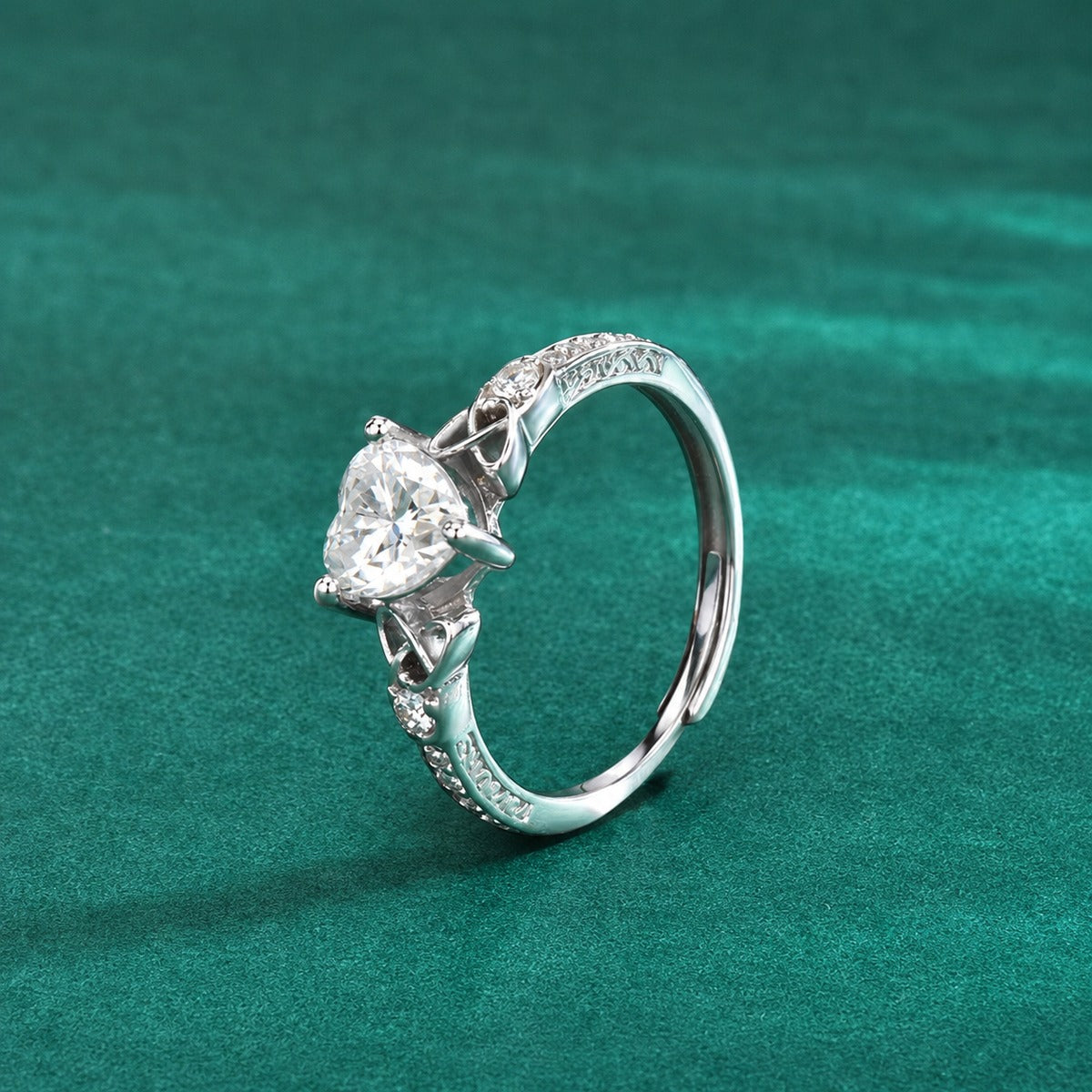 Vintage Heart Cut Moissanite Adjustable Engagement Ring with CZ product view showing moissanite setting and metal finish