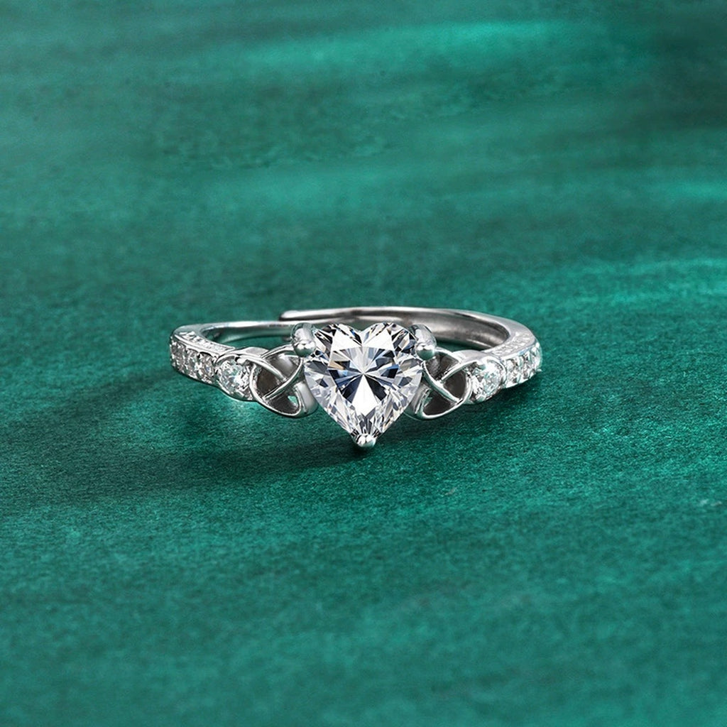 Vintage Heart Cut Moissanite Adjustable Engagement Ring with CZ product view showing moissanite setting and metal finish