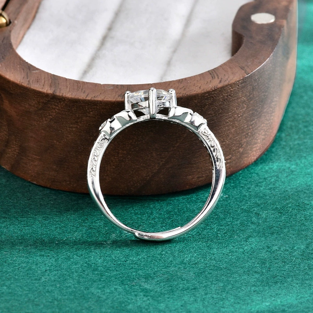 Vintage Heart Cut Moissanite Adjustable Engagement Ring with CZ detailed product photo showing ring shape and stone setting