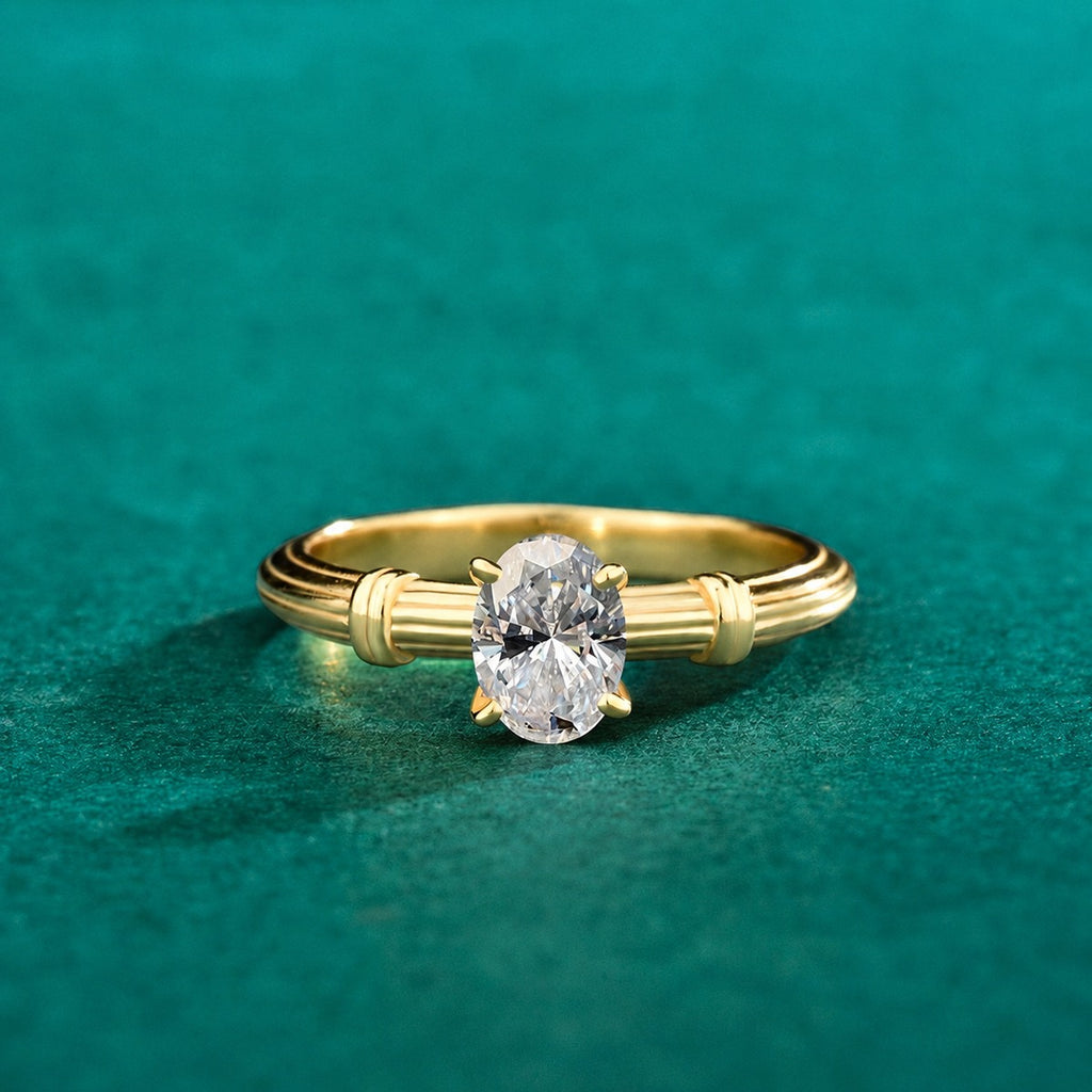 Oval Cut Moissanite Solitaire Engagement Ring in Yellow Gold-Plated S925 Sterling Silver detailed product photo showing ring shape and stone setting