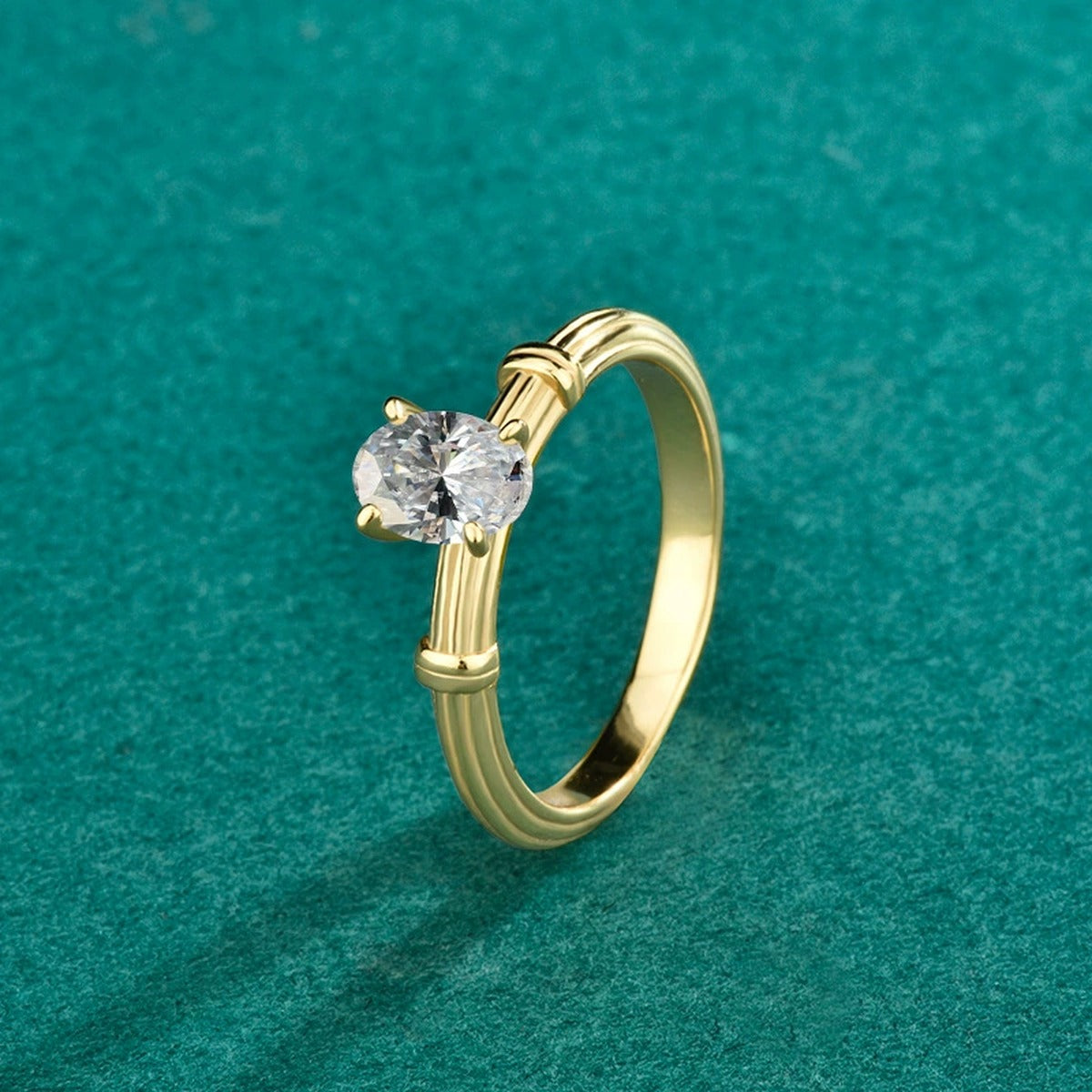 Oval Cut Moissanite Solitaire Engagement Ring in Yellow Gold-Plated S925 Sterling Silver detailed product photo showing ring shape and stone setting