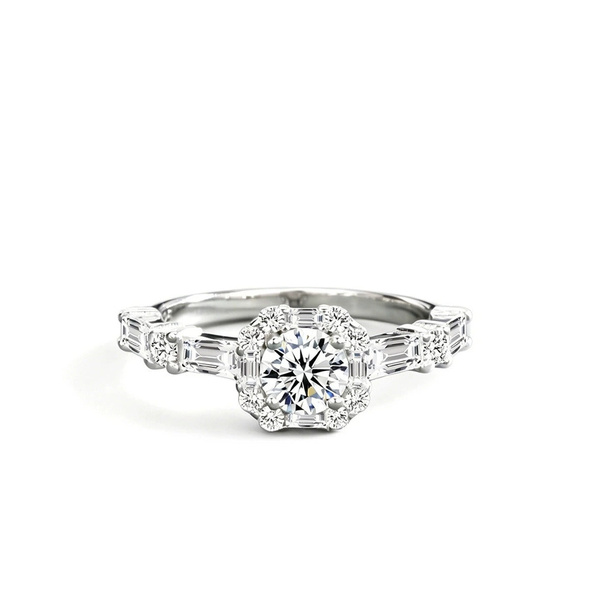Baguette Accent Round Moissanite Engagement Ring with CZ in white gold-plated S925 sterling silver on clean white background