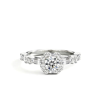 Baguette Accent Round Moissanite Engagement Ring with CZ in white gold-plated S925 sterling silver on clean white background