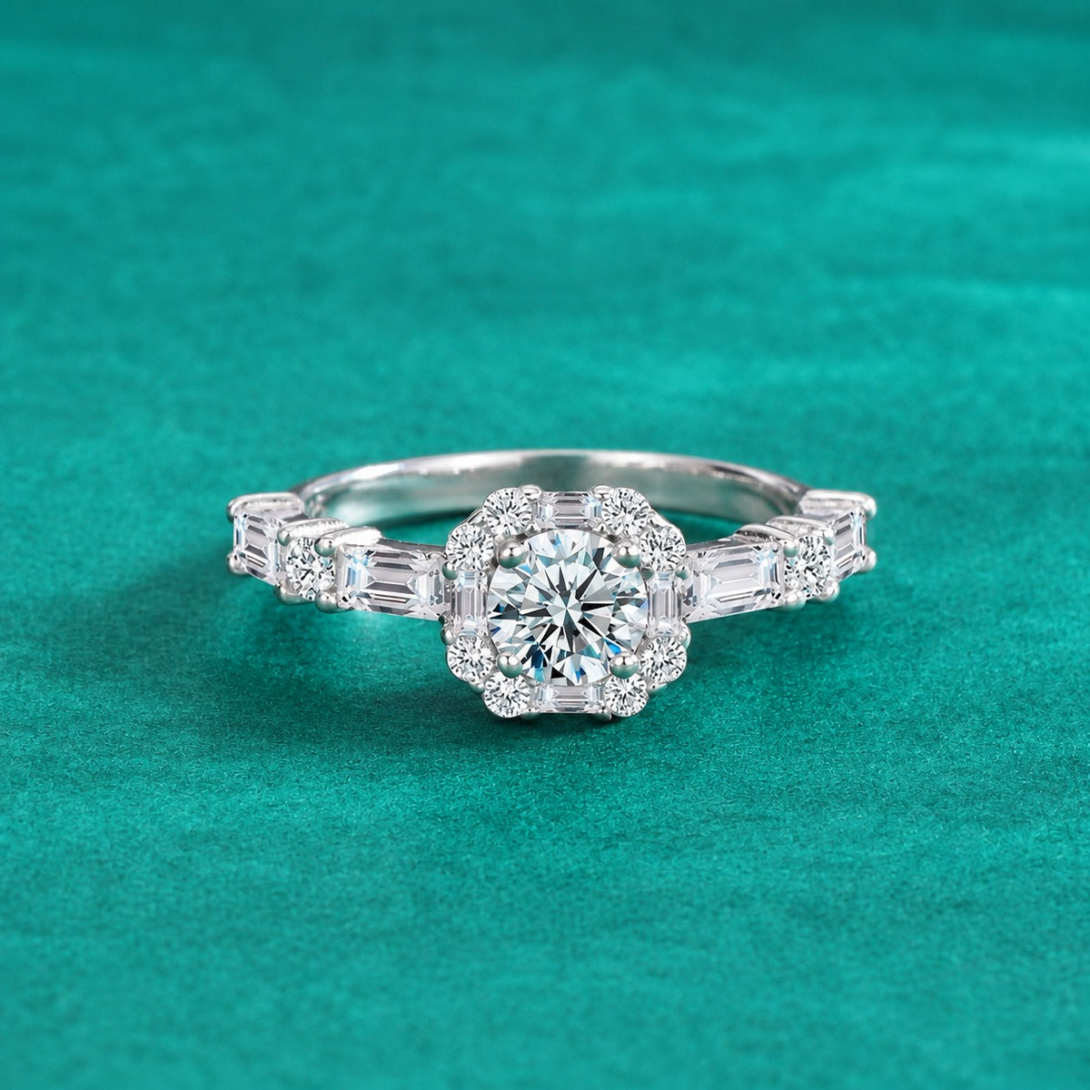 Baguette Accent Round Moissanite Engagement Ring with CZ product view showing moissanite setting and metal finish