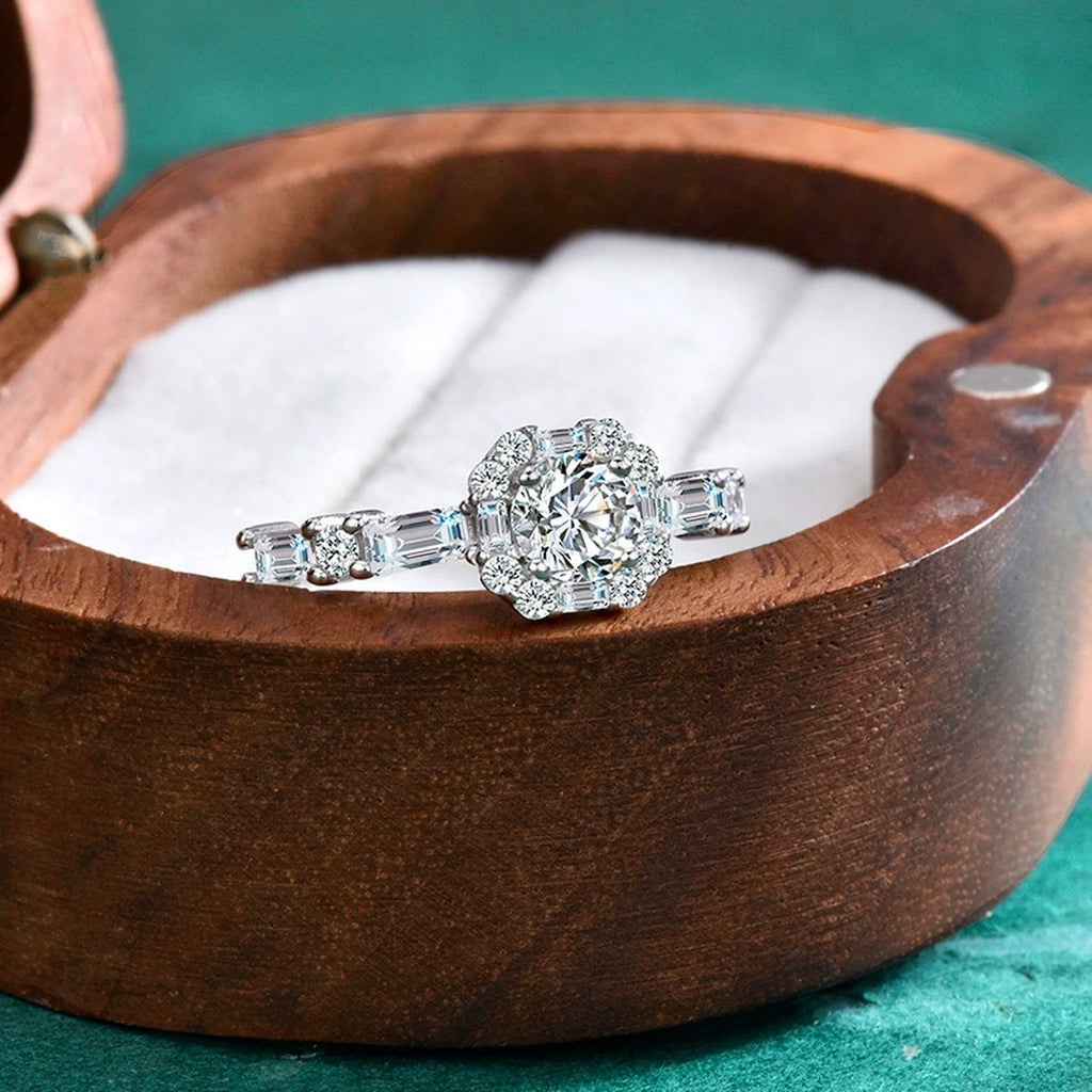 Baguette Accent Round Moissanite Engagement Ring with CZ detailed product photo showing ring shape and stone setting