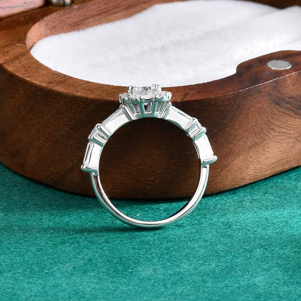 Baguette Accent Round Moissanite Engagement Ring with CZ detailed product photo showing ring shape and stone setting