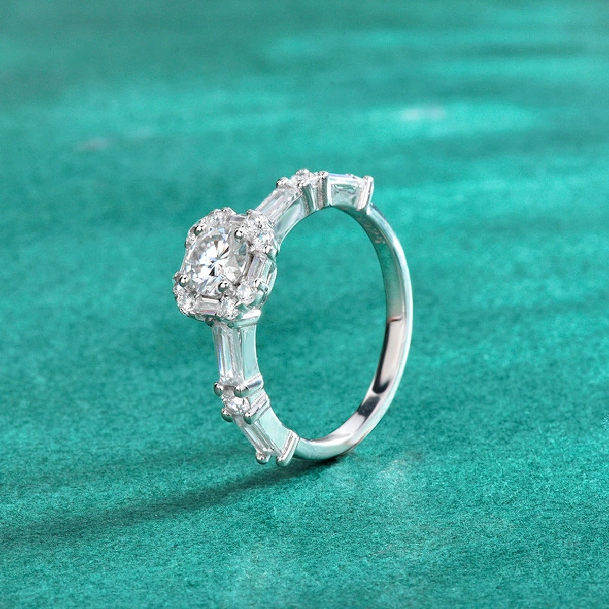 Baguette Accent Round Moissanite Engagement Ring with CZ product view showing moissanite setting and metal finish