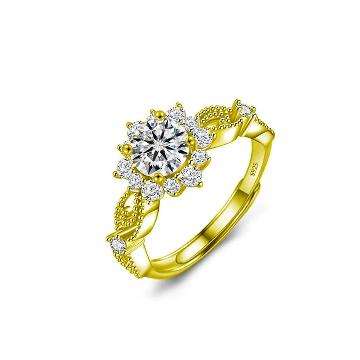 Floral Round Moissanite Engagement Ring with CZ in gold-plated S925 sterling silver on clean white background