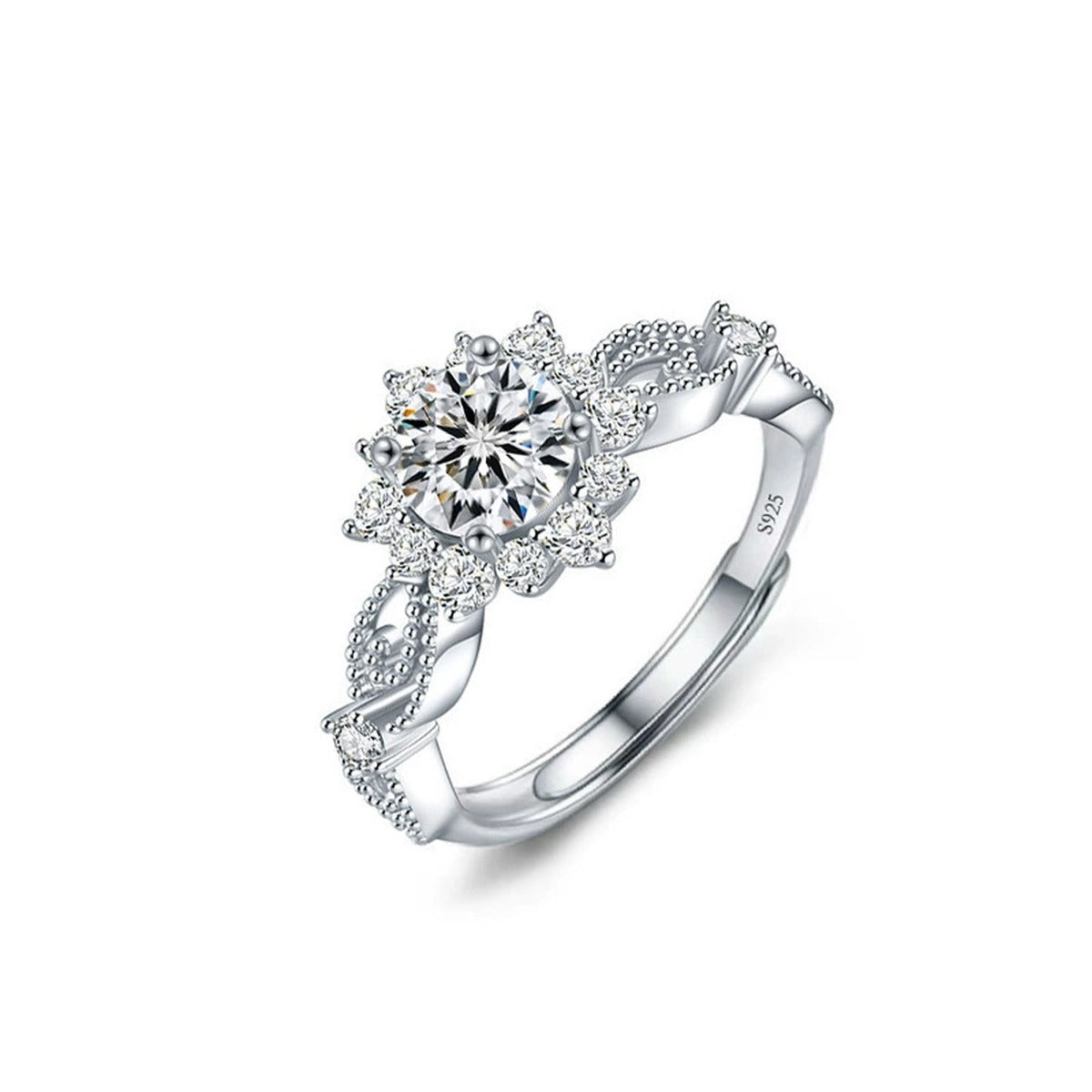 Floral Round Moissanite Engagement Ring with CZ in gold-plated S925 sterling silver on clean white background