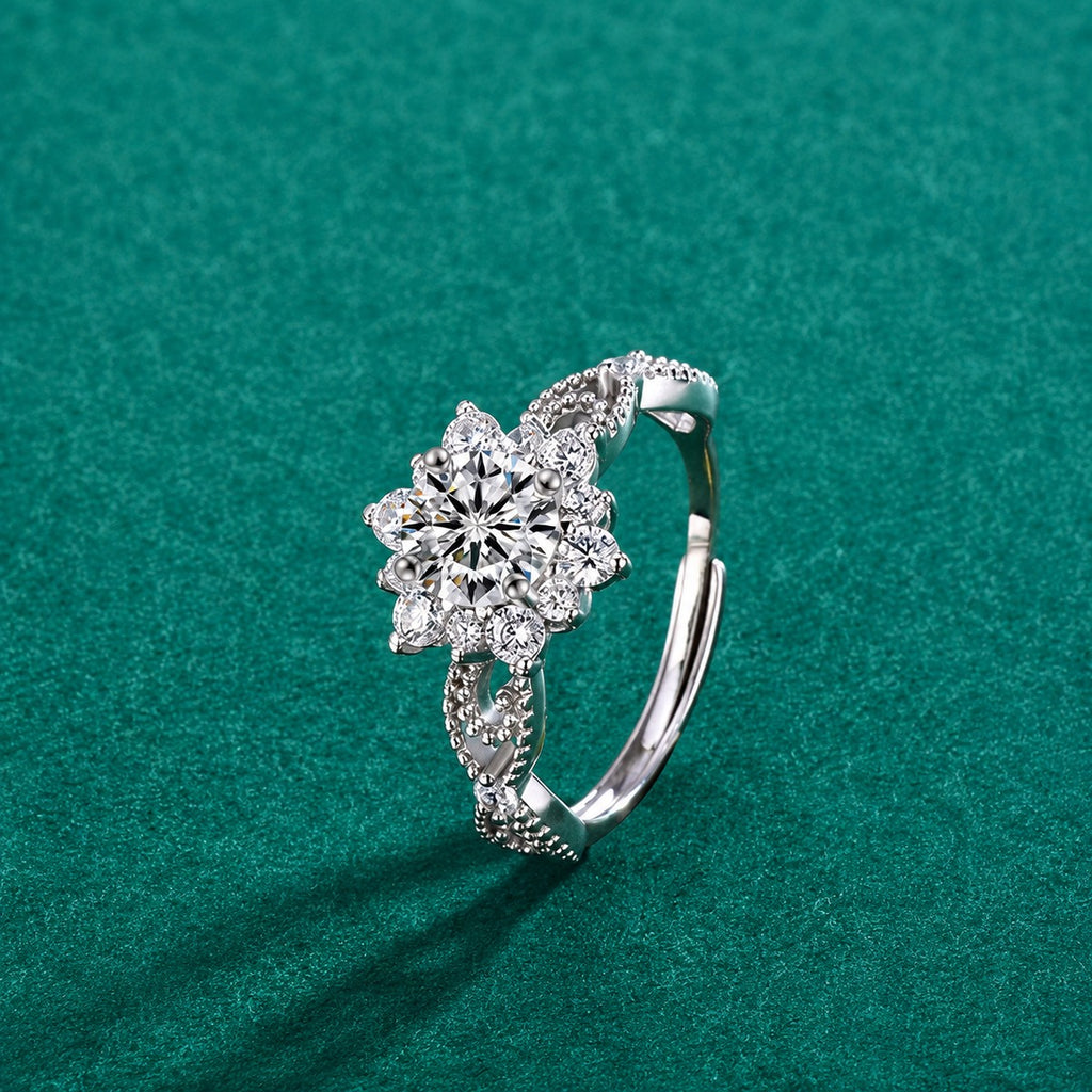 Floral Round Moissanite Engagement Ring with CZ detailed product photo showing ring shape and stone setting