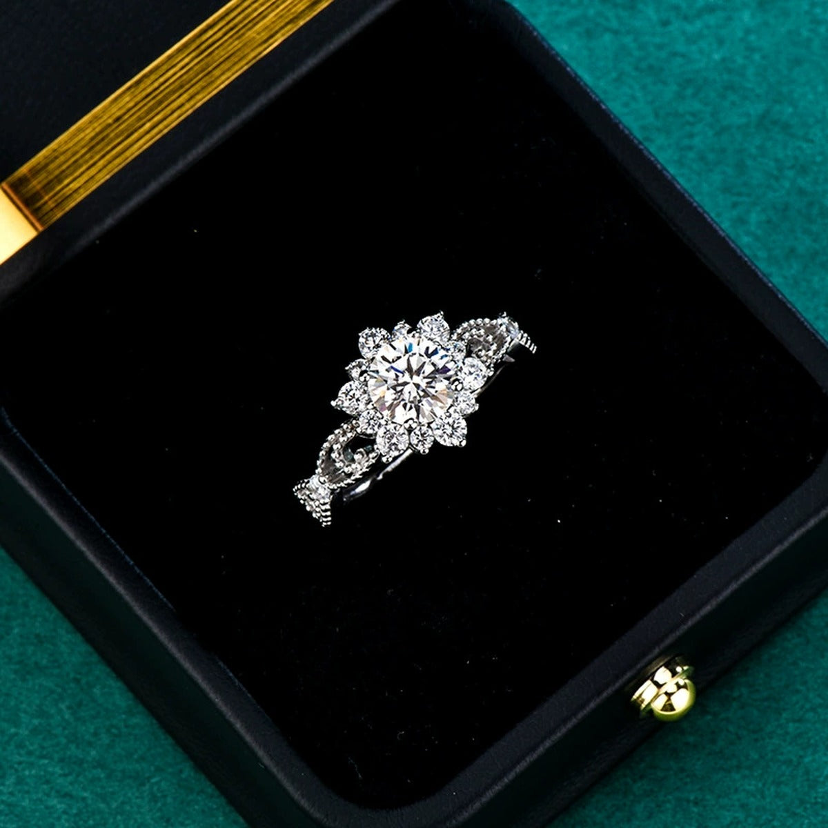 Floral Round Moissanite Engagement Ring with CZ close-up detail view with moissanite sparkle