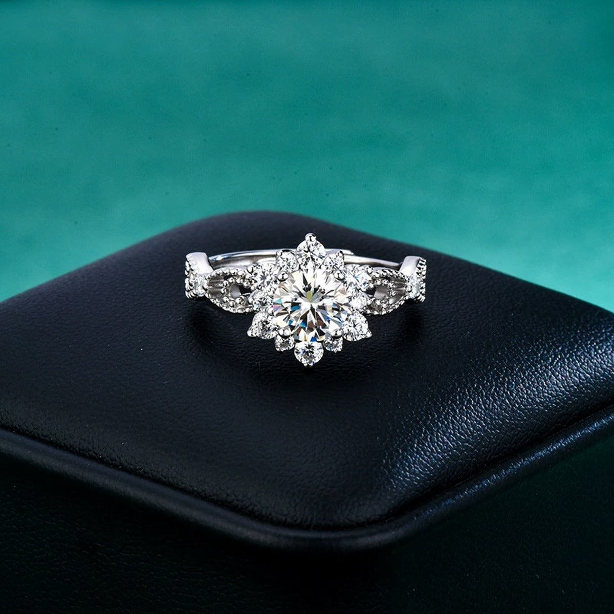 Floral Round Moissanite Engagement Ring with CZ detailed product photo showing ring shape and stone setting
