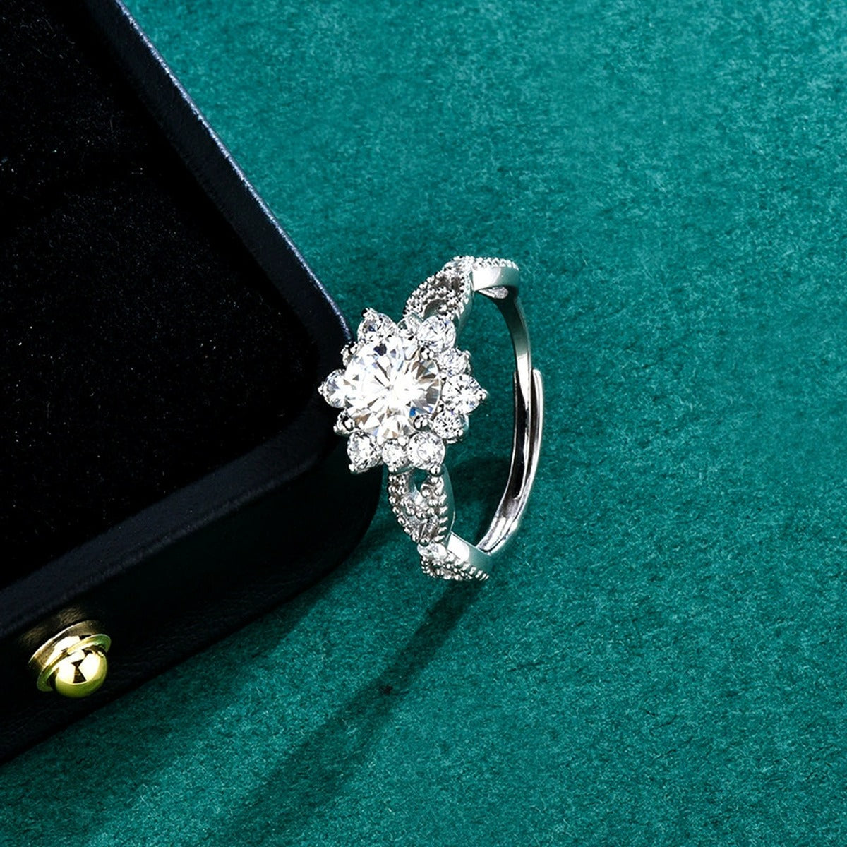 Floral Round Moissanite Engagement Ring with CZ close-up detail view with moissanite sparkle
