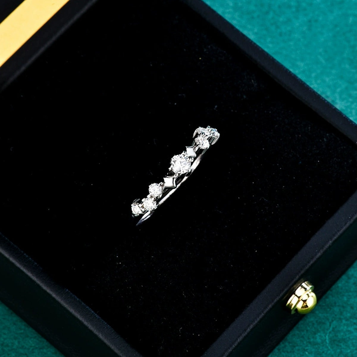 Graduated Round Moissanite Wedding Band close-up detail view with moissanite sparkle