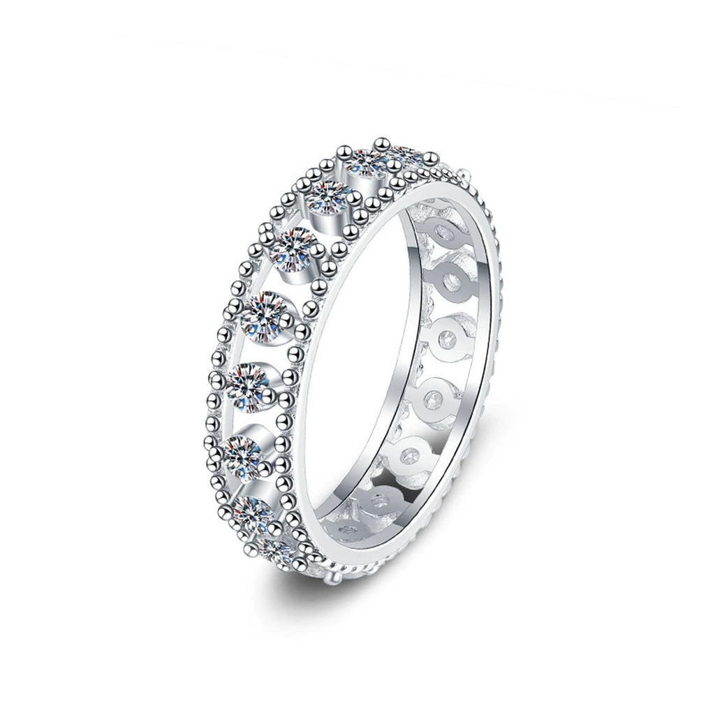 Pave Round Moissanite Eternity Wedding Band in white gold-plated S925 sterling silver on clean white background