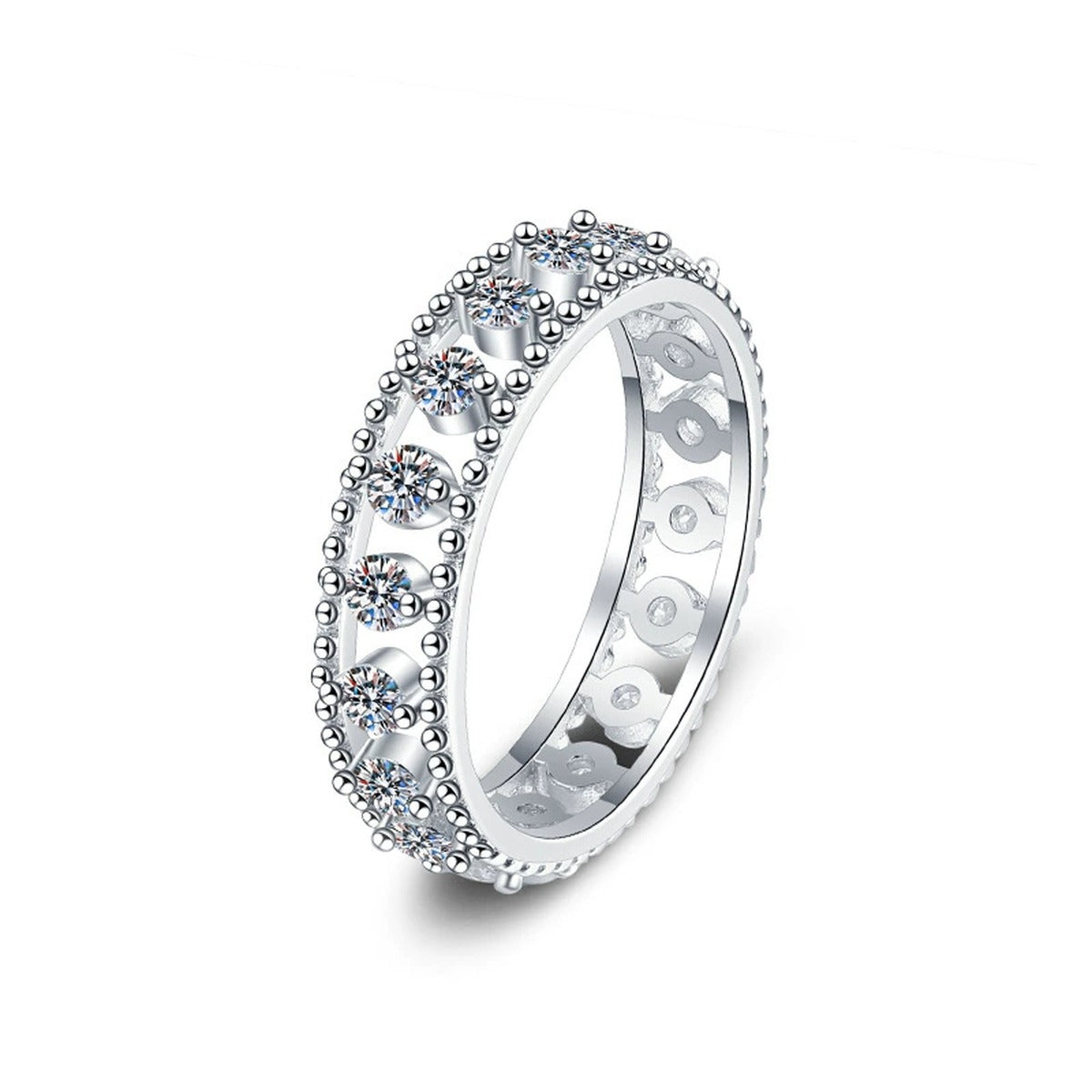 Pave Round Moissanite Eternity Wedding Band in white gold-plated S925 sterling silver on clean white background
