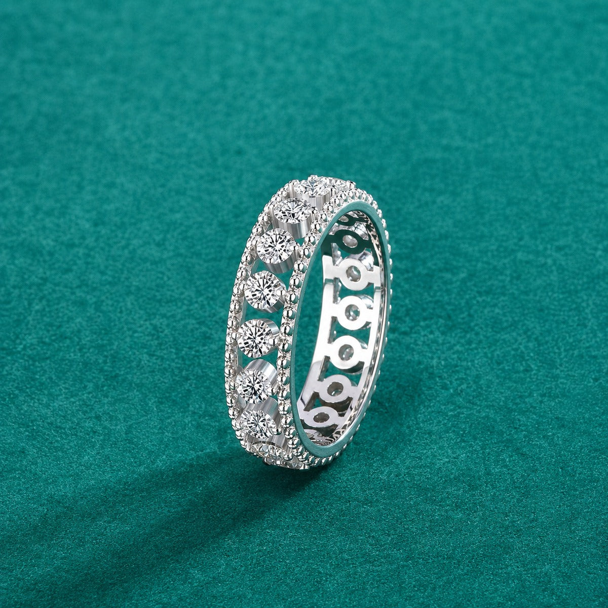Pave Round Moissanite Eternity Wedding Band detailed product photo showing ring shape and stone setting
