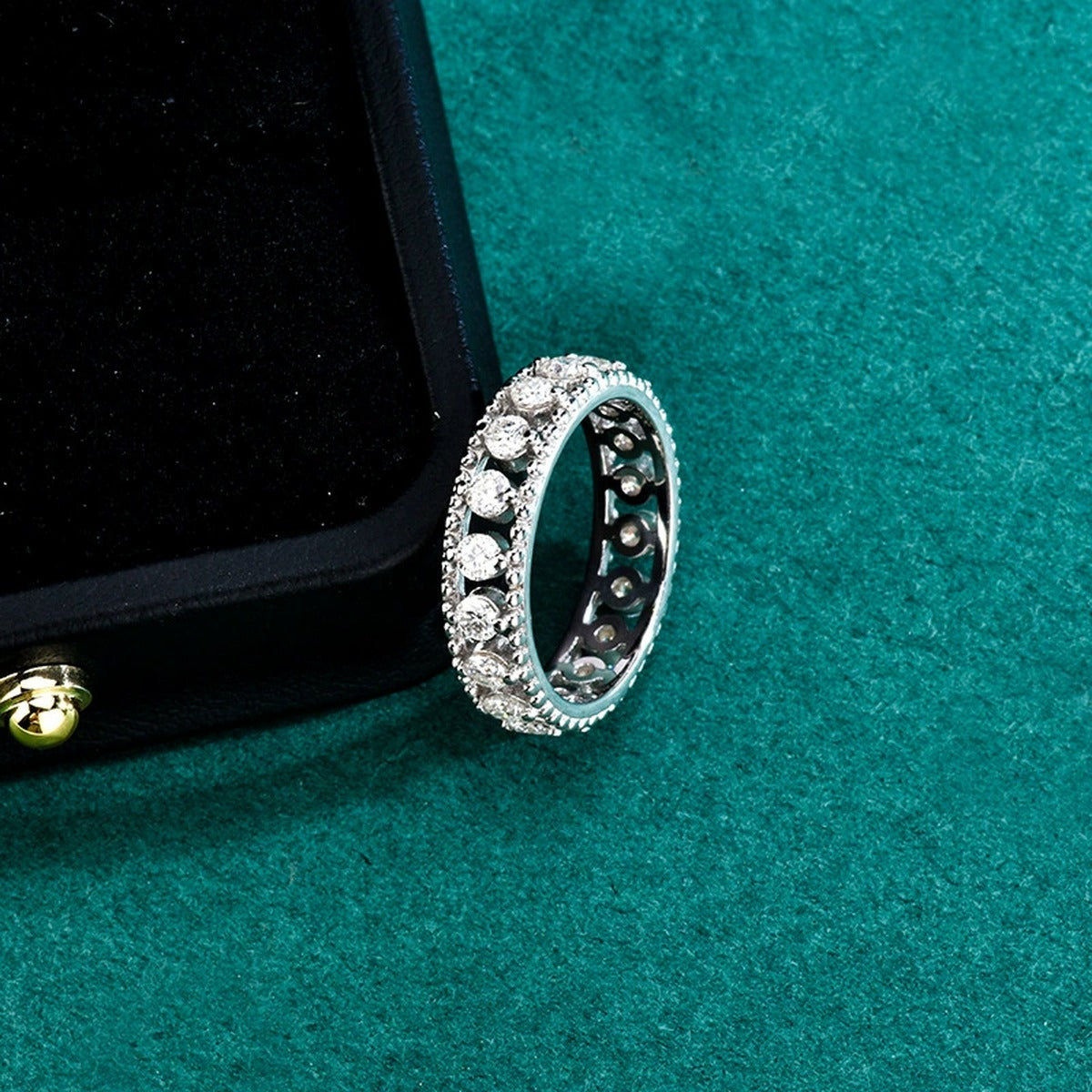 Pave Round Moissanite Eternity Wedding Band close-up detail view with moissanite sparkle