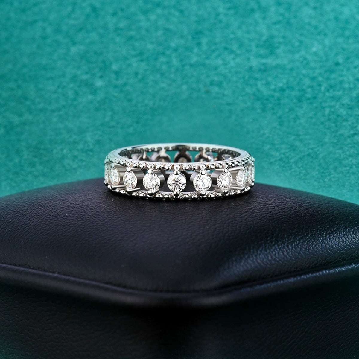 Pave Round Moissanite Eternity Wedding Band detailed product photo showing ring shape and stone setting