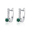 Colored Round Moissanite Huggie Hoop Earrings with CZ in White Gold-Plated S925 sterling silver white background product photo showing the pair, stone shape, and huggie hoop earrings silhouette