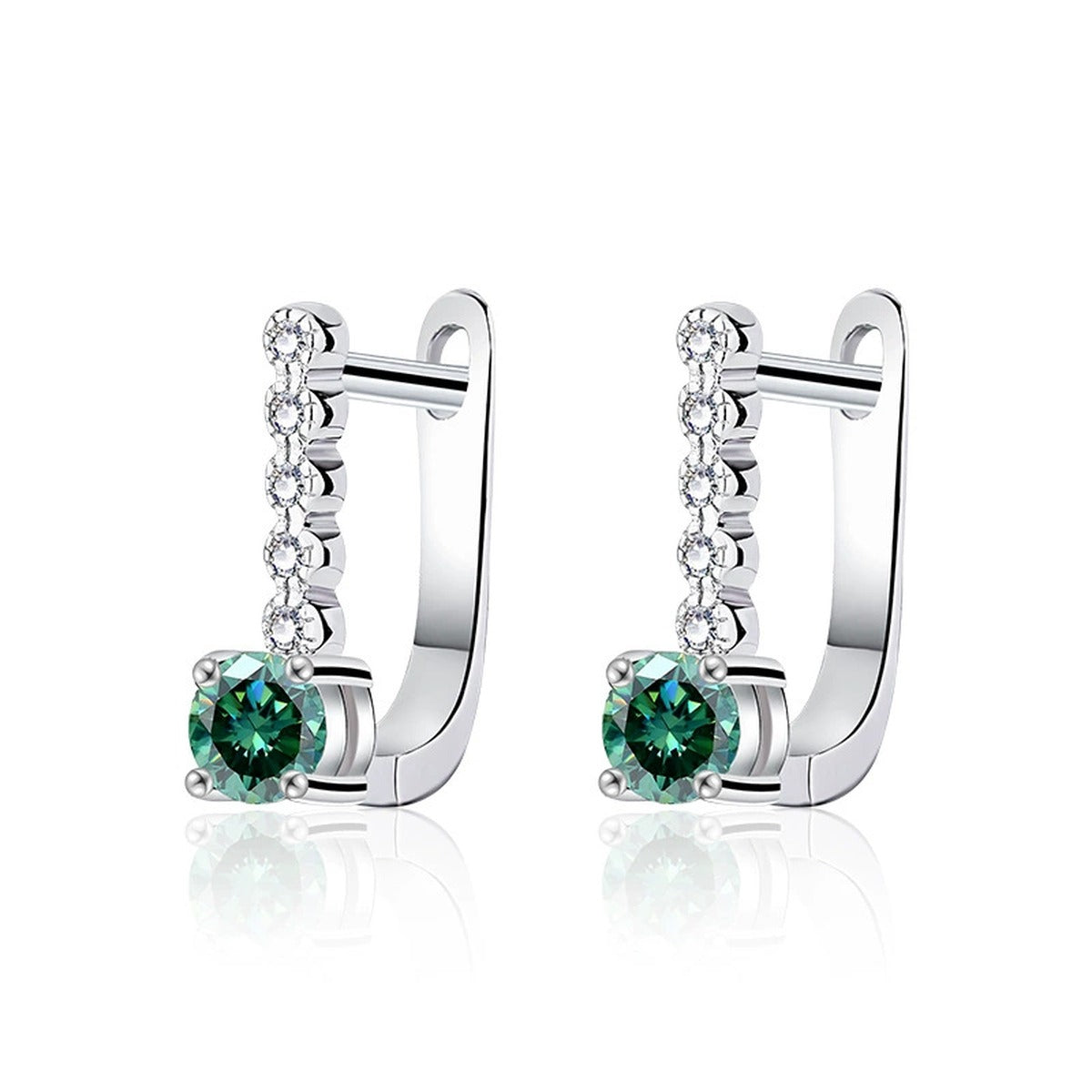 Colored Round Moissanite Huggie Hoop Earrings with CZ in White Gold-Plated S925 sterling silver white background product photo showing the pair, stone shape, and huggie hoop earrings silhouette