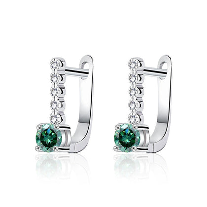 Colored Round Moissanite Huggie Hoop Earrings with CZ in White Gold-Plated S925 sterling silver white background product photo showing the pair, stone shape, and huggie hoop earrings silhouette