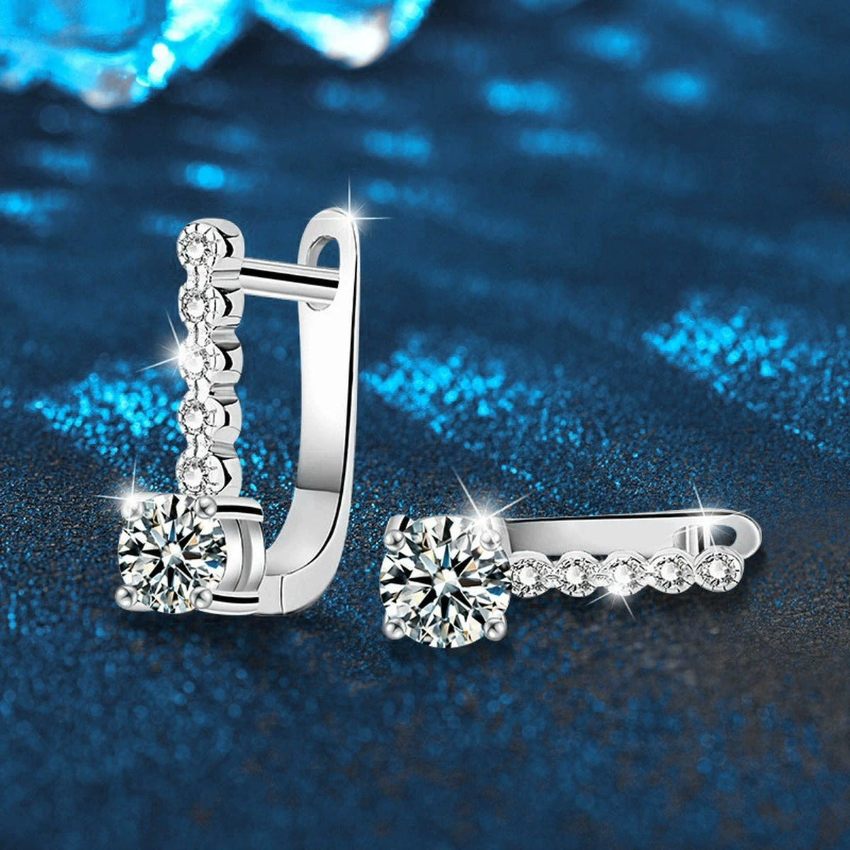Colored Round Moissanite Huggie Hoop Earrings with CZ in White Gold-Plated S925 sterling silver product scene view showing side profile