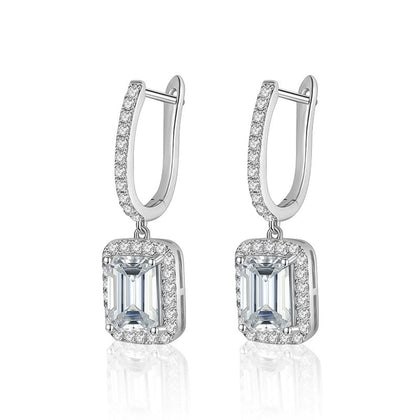 Radiant or Emerald-Cut Moissanite Hoop Dangle Earrings with CZ in White Gold-Plated S925 sterling silver white background product photo showing the pair, stone shape, and hoop dangle earrings silhouette