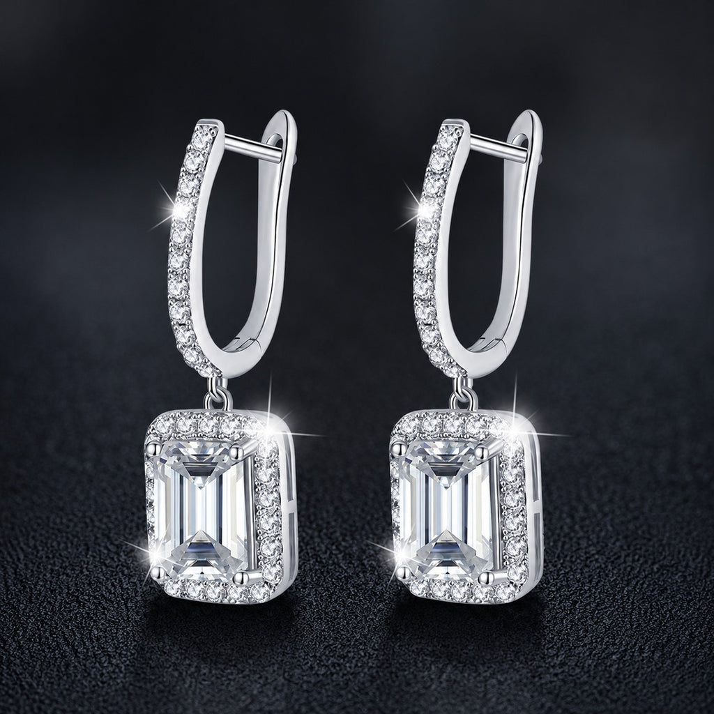 Radiant or Emerald-Cut Moissanite Hoop Dangle Earrings with CZ in White Gold-Plated S925 sterling silver product scene view showing front sparkle