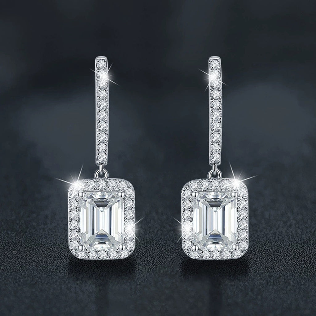 Radiant or Emerald-Cut Moissanite Hoop Dangle Earrings with CZ in White Gold-Plated S925 sterling silver product scene view showing angled setting detail