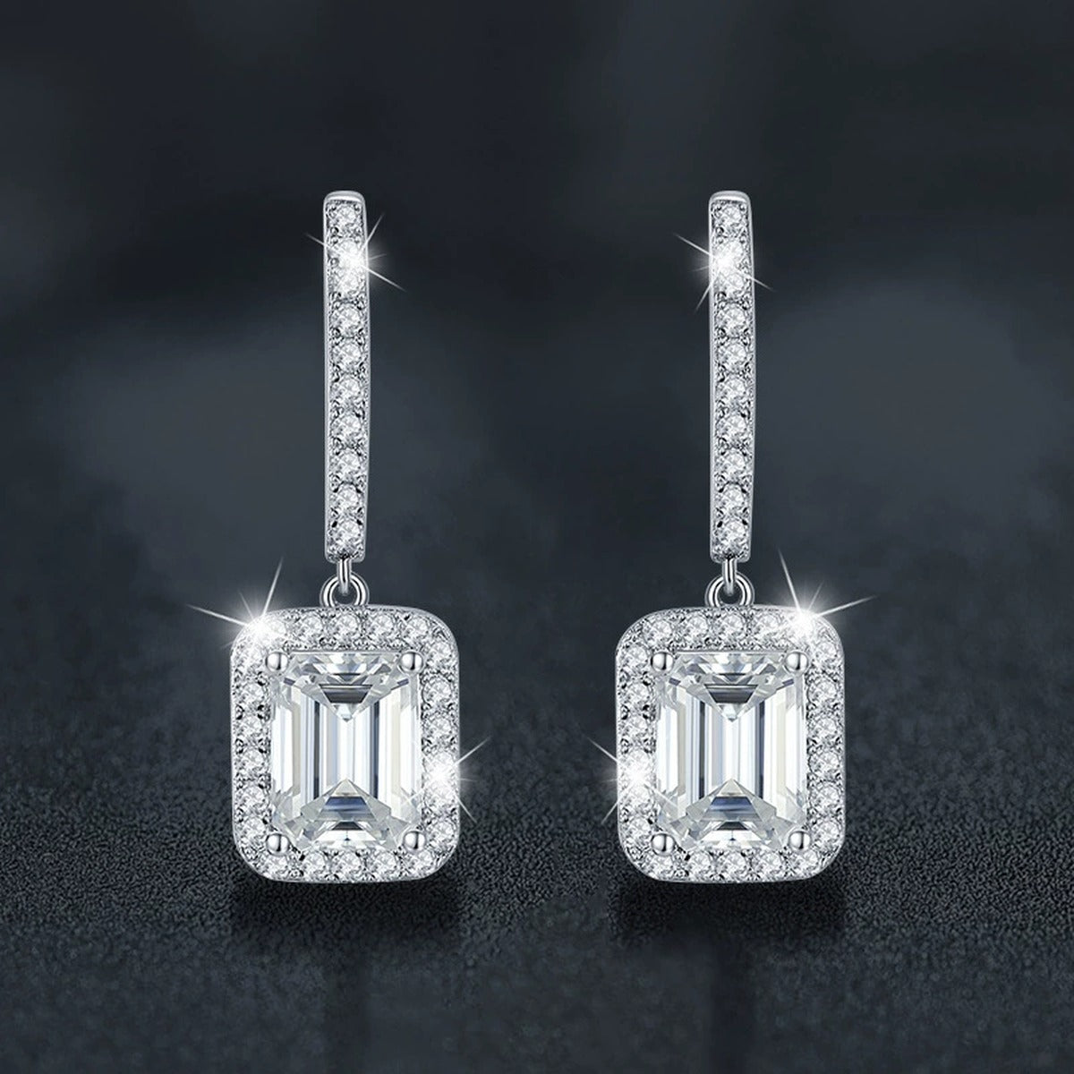 Radiant or Emerald-Cut Moissanite Hoop Dangle Earrings with CZ in White Gold-Plated S925 sterling silver product scene view showing angled setting detail