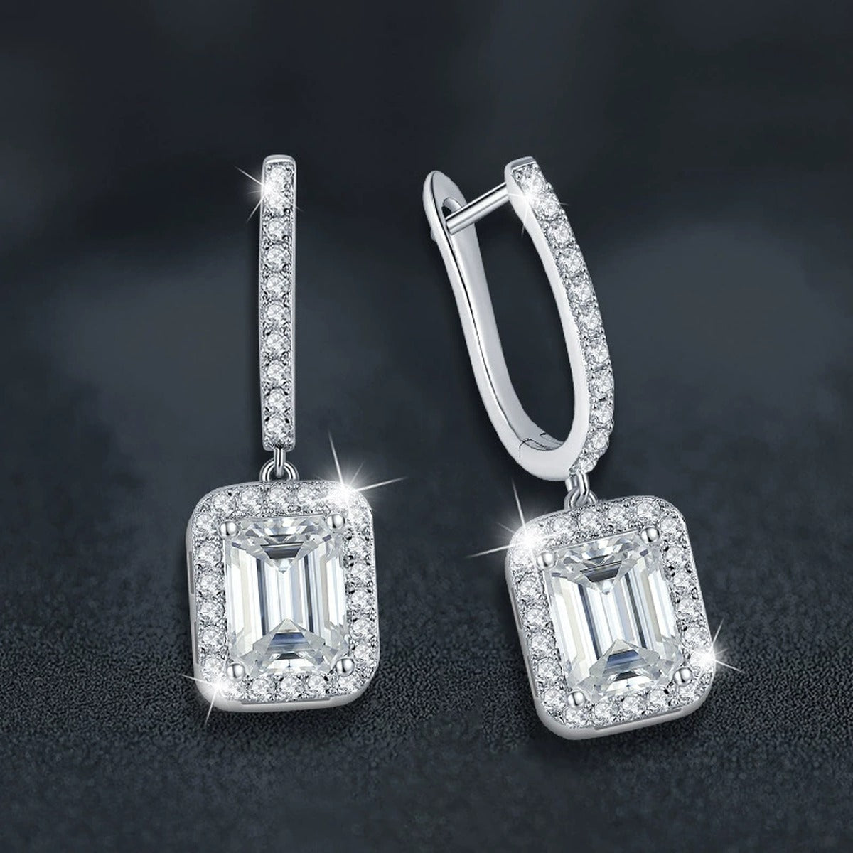 Radiant or Emerald-Cut Moissanite Hoop Dangle Earrings with CZ in White Gold-Plated S925 sterling silver product scene view showing side profile