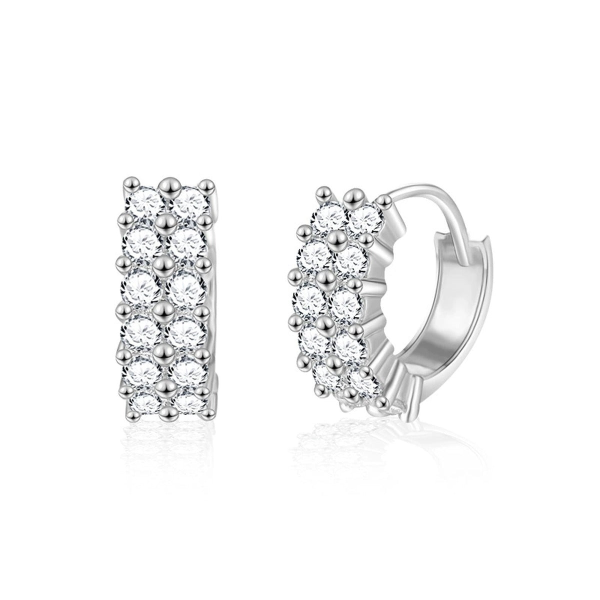 Three-Row Round Moissanite Huggie Hoop Earrings in White Gold-Plated S925 sterling silver white background product photo showing the pair, stone shape, and huggie hoop earrings silhouette