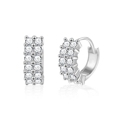 Three-Row Round Moissanite Huggie Hoop Earrings in White Gold-Plated S925 sterling silver white background product photo showing the pair, stone shape, and huggie hoop earrings silhouette