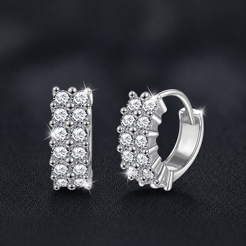 Three-Row Round Moissanite Huggie Hoop Earrings in White Gold-Plated S925 sterling silver product scene view showing front sparkle