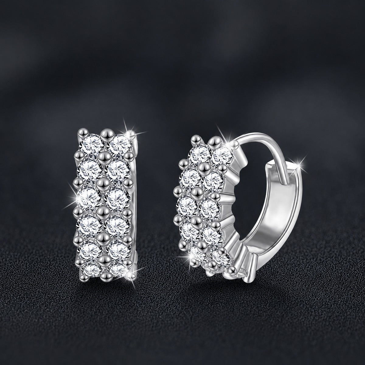 Three-Row Round Moissanite Huggie Hoop Earrings in White Gold-Plated S925 sterling silver product scene view showing front sparkle