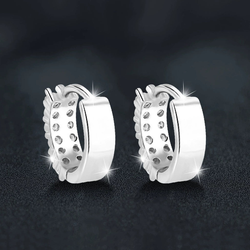 Three-Row Round Moissanite Huggie Hoop Earrings in White Gold-Plated S925 sterling silver product scene view showing side profile