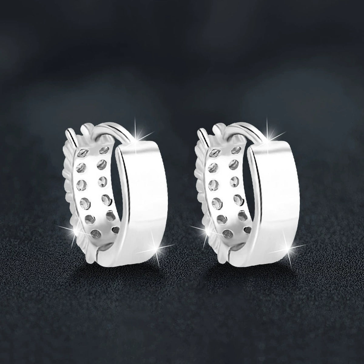 Three-Row Round Moissanite Huggie Hoop Earrings in White Gold-Plated S925 sterling silver product scene view showing side profile