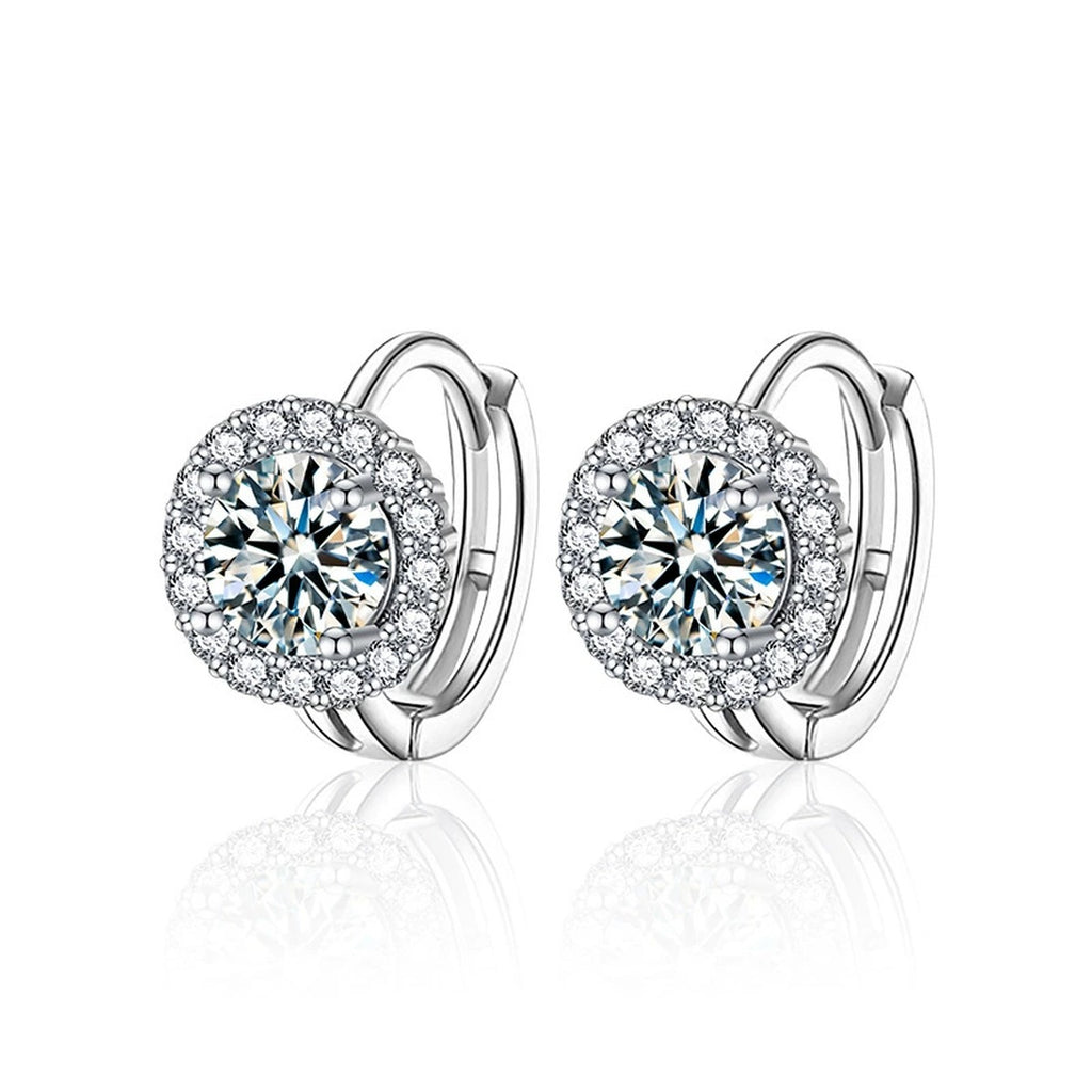 Round Moissanite Halo Huggie Hoop Earrings with CZ in White Gold-Plated S925 sterling silver white background product photo showing the pair, stone shape, and huggie hoop earrings silhouette