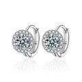 Round Moissanite Halo Huggie Hoop Earrings with CZ in White Gold-Plated S925 sterling silver white background product photo showing the pair, stone shape, and huggie hoop earrings silhouette