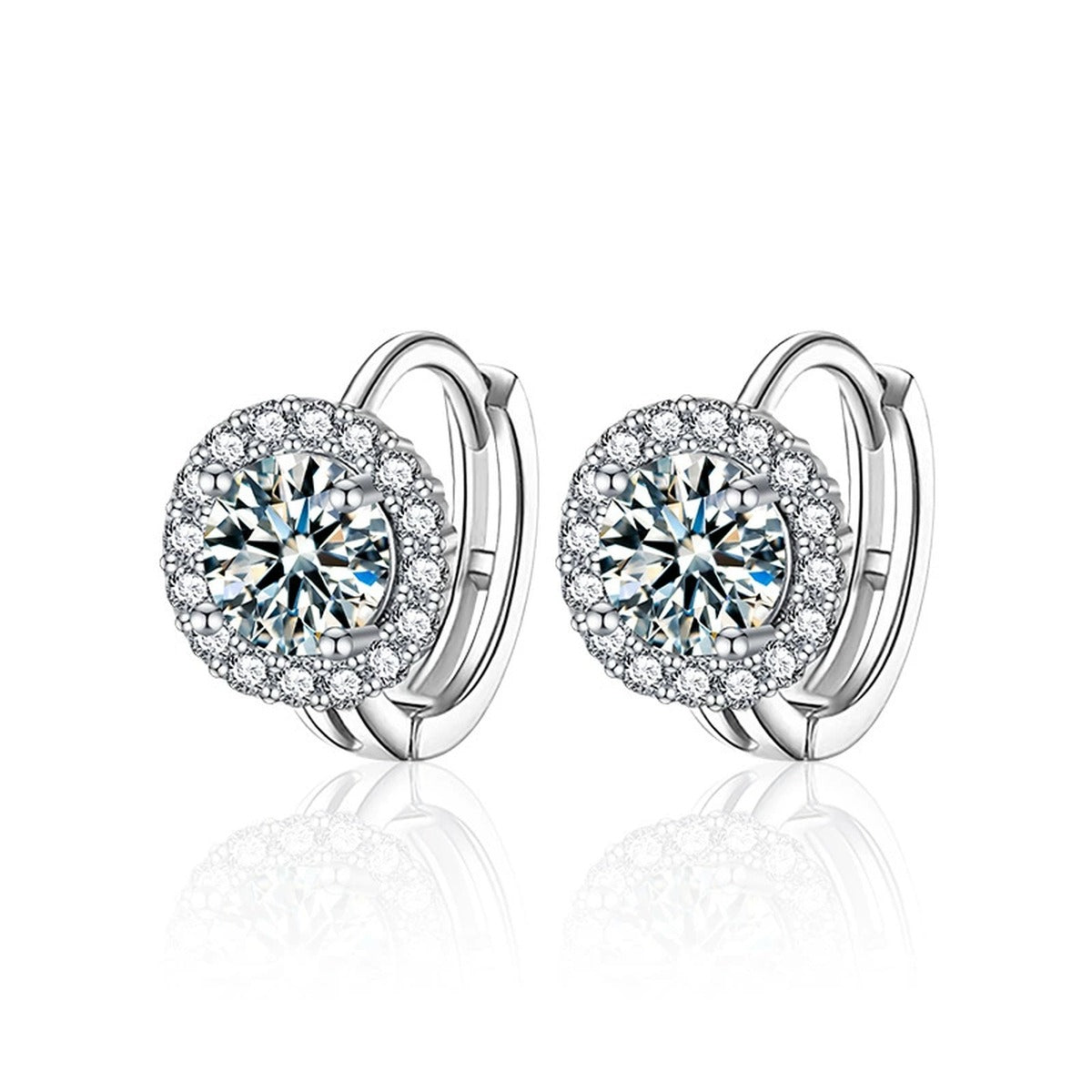 Round Moissanite Halo Huggie Hoop Earrings with CZ in White Gold-Plated S925 sterling silver white background product photo showing the pair, stone shape, and huggie hoop earrings silhouette