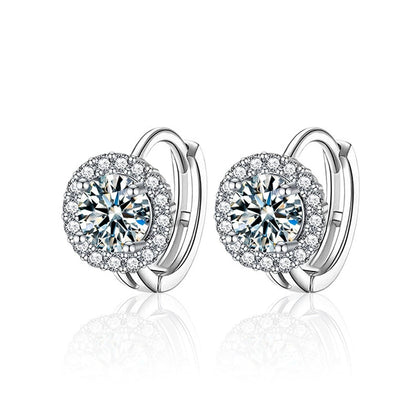 Round Moissanite Halo Huggie Hoop Earrings with CZ in White Gold-Plated S925 sterling silver white background product photo showing the pair, stone shape, and huggie hoop earrings silhouette