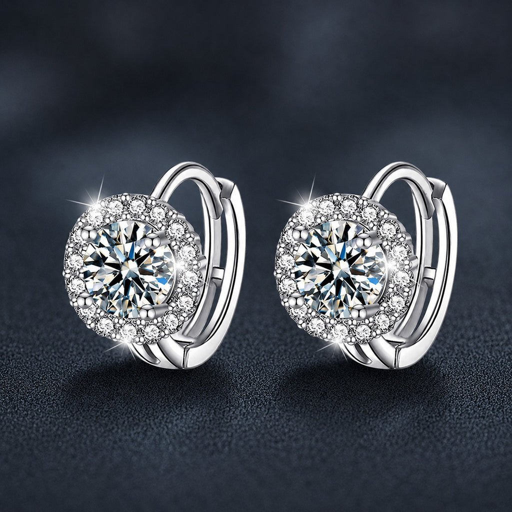 Round Moissanite Halo Huggie Hoop Earrings with CZ in White Gold-Plated S925 sterling silver product scene view showing front sparkle