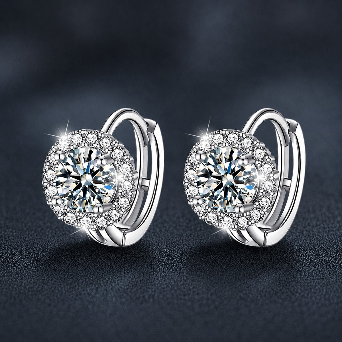 Round Moissanite Halo Huggie Hoop Earrings with CZ in White Gold-Plated S925 sterling silver product scene view showing front sparkle