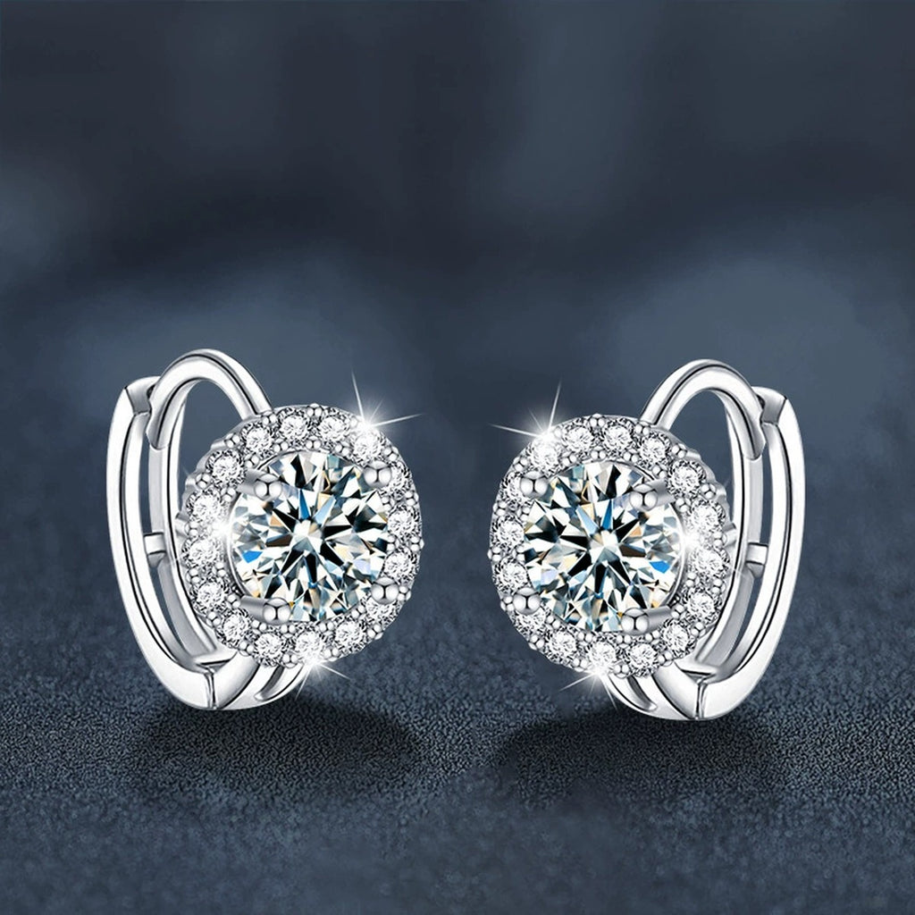 Round Moissanite Halo Huggie Hoop Earrings with CZ in White Gold-Plated S925 sterling silver product scene view showing angled setting detail